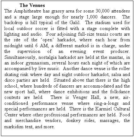 Text Box: The Venues  The Amphitheatre has grassy area for some 30,000 attendees and a stage large enough for nearly 1,000 dancers.  The backdrop is hill typical of the Galil.  The stadium used for local outdoor soccer is fitted with a stage complete with lighting and audio.  Four adjoining full-size tennis courts are the site of the ‘open’ harkadot, where each hour from midnight until 6 AM, a different markid is in charge, under the supervision of an evening event producer.  Simultaneously, nostalgia harkadot are held at the mantas, in an indoor gymnasium, several hours each night of which are accompanied by live music.  Another dance venue is the roller skating rink where day and night outdoor harkadot, salsa and disco parties are held.  Situated above that there is the high school, where hundreds of dancers are accommodated and the new sport hall, where dance exhibitions and the folkdance contests are held.  There is Venger Hall, a new, air-conditioned performance venue where sing-a-longs and special performances are held.  There is the Karmiel Cultural Center where other professional performances are held.  Food and merchandise vendors, donkey rides, massages, the markidim tent, and more.  